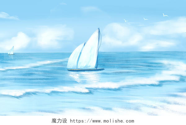水彩风景大海天空白云帆船插画